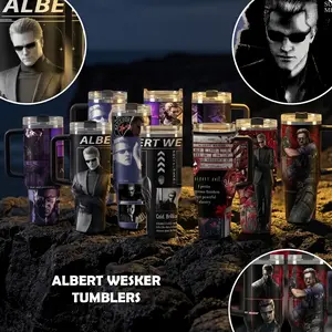 Albert Wesker RE 40oz Tumbler (Theme box not included), Enemy Leon S.Kennedy Resident E Inspired Steel Tumbler, Umbrella Gift For Gaming Lovers Tumbler with Handle, Black Water Bottle