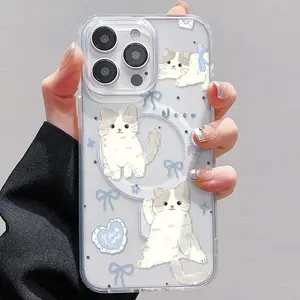 Bow Tie Cat Pattern Compatible with iPhone 16 15 Pro Max Plus 14 13 12 mini 11 X XR XS Beautiful Gift Durable shockproof Anti-Scratch PC Protective Case Design Offers Shockproof Supports Magnetic Wireless Charging