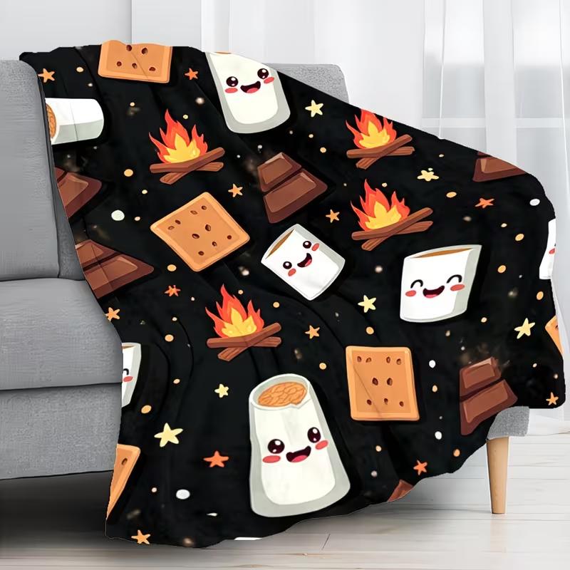 Cozy Flannel Blanket with Playful Campfire & Smores Print - Soft Lightweight 280gsm All-Season Throw for Bed Couch Camping & Outdoor Adventures Cute Cartoon Marshmallows Graham Crackers & Chocolate Bars on Starry Night Sky with Cheerful Flames 280GSM