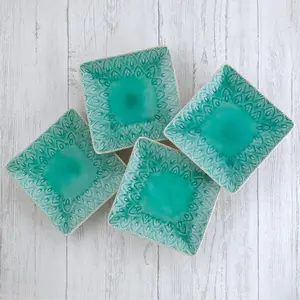 Peacock 4-Piece Stoneware Square Appetizer Plates Set