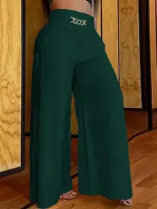 Women's Plain / All Over Print Chain Decor Shirred Wide Leg Pants, Boho Fashion Casual Comfy Wide Leg Trousers, Women Bottoms for Summer