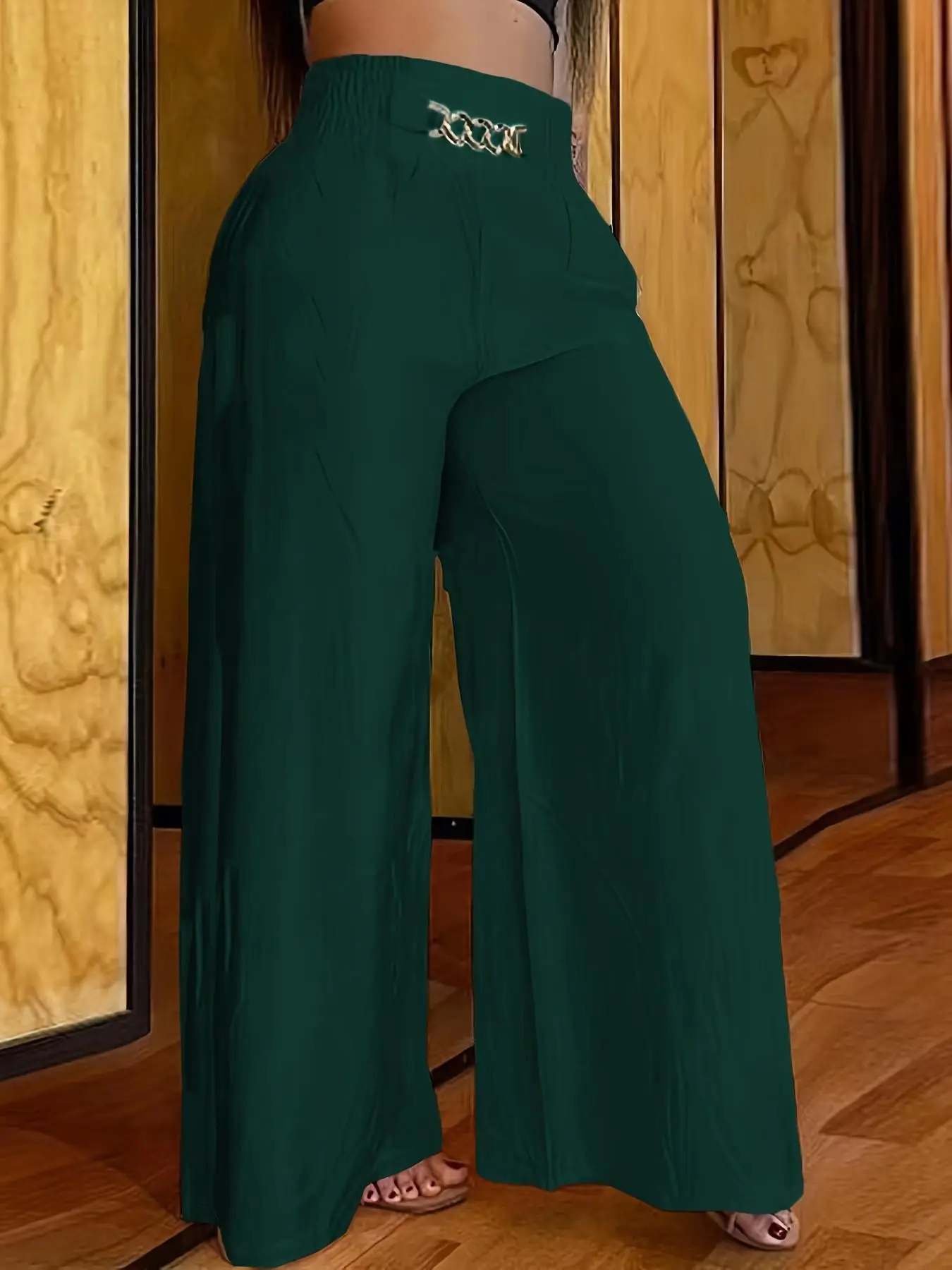 Women's Plain / All Over Print Chain Decor Shirred Wide Leg Pants, Boho Fashion Casual Comfy Wide Leg Trousers, Women Bottoms for Summer