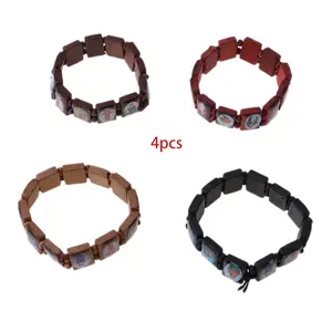 4 Pcs/Set Wooden Icon Bracelet Religious Elastic Bead Jewelry Gift