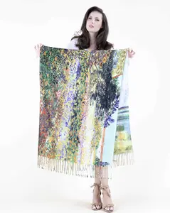 Reversible Museum Art Warm Flowers and Windmill Cashmere-Feel Scarf Shawl with Fringe Solid Color Turban