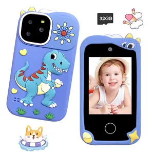 Dinosaur Kids Toy Phone with 2.8" HD Touchscreen & 32GB Card, Cute Silicone Case with Carry Strap, Dual Camera & Video Recording, Multi-Function Educational Games & ABC Learning, Halloween & Christmas Gift (Blue)