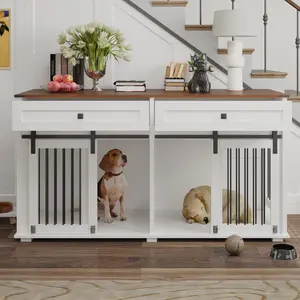 63'' Large Dog Crate Furniture for Double Dog, Wooden Dog Kennel with 2 Drawers,Divider and Sliding Door, Water Resistant Indoor Pets Furniture Style Double Dog Crates