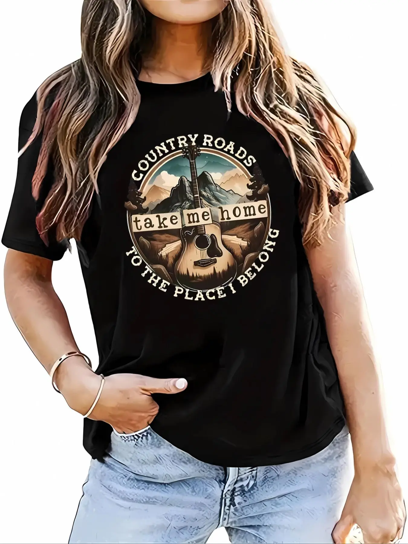 Women's Letter & Guitar Print Round Neck Tee Top, Music Festival Essentials Outfit, Casual Short Sleeve Crew Neck Breathable T-shirt, Ladies Summer Outfit