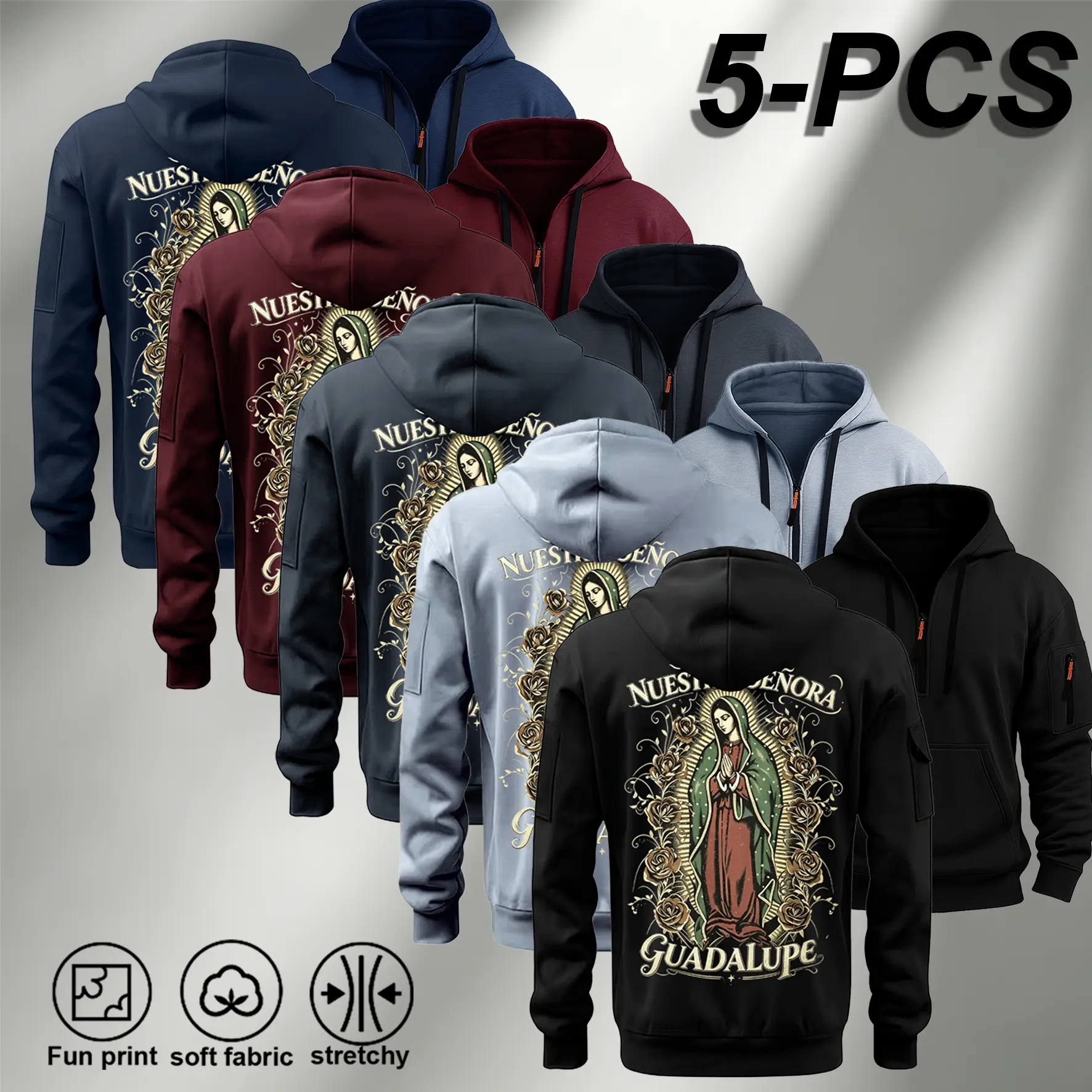 5-PCS Guadalupe Hoodies Fun Print Soft Fabric Stretchy Pullover for Men and Women,Men Half Zip Hoodie Our Lady of Guadalupe Vintage Back Print Cargo Sleeve Pocket Soft Fleece Pullover Religious Cultural Streetwear Sweatshirt