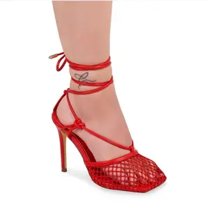 Red Fishnet Tie Up/Lace Up Square Heels