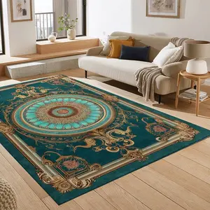 European Palace Vintage Pattern Living Room Rug, Luxurious Antique Peacock Blue Art Carpet, Anti-Slip Decorative Mat for Bedroom & Study
