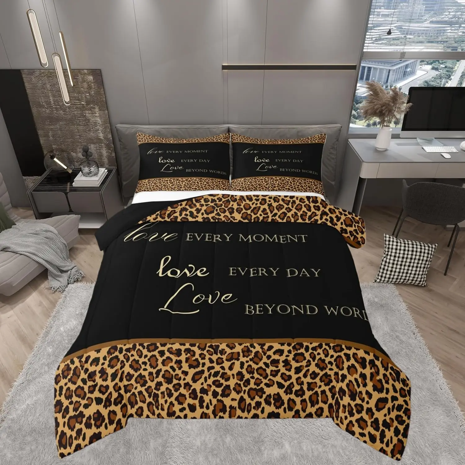 Leopard Print Comforter Set,African Wild Animal Fur Pattern Bedding Set Men,Cheetah Skin Brown Black Quilted Duvet Set