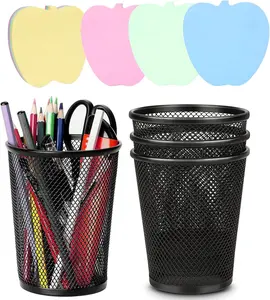 4-Pieces Round Shape Rustproof Metal Mesh Pen Holders, Black Multifunctional Desk Organizer Pen Cup for Office & School Use