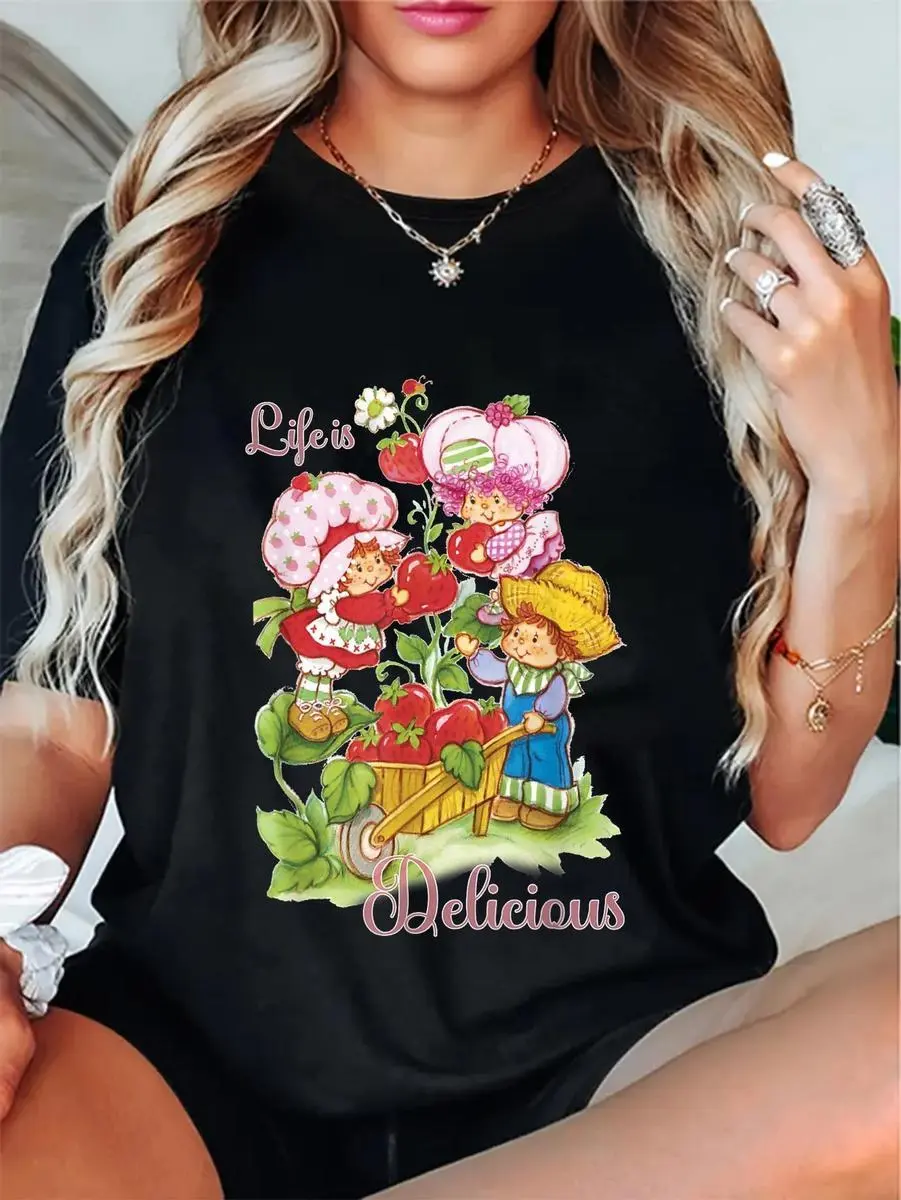 100% Cotton Unisex Strawberry Shortcake Group Life Is Delicious T-Shirt,Unisex Crewneck T-shirt for Men And Women