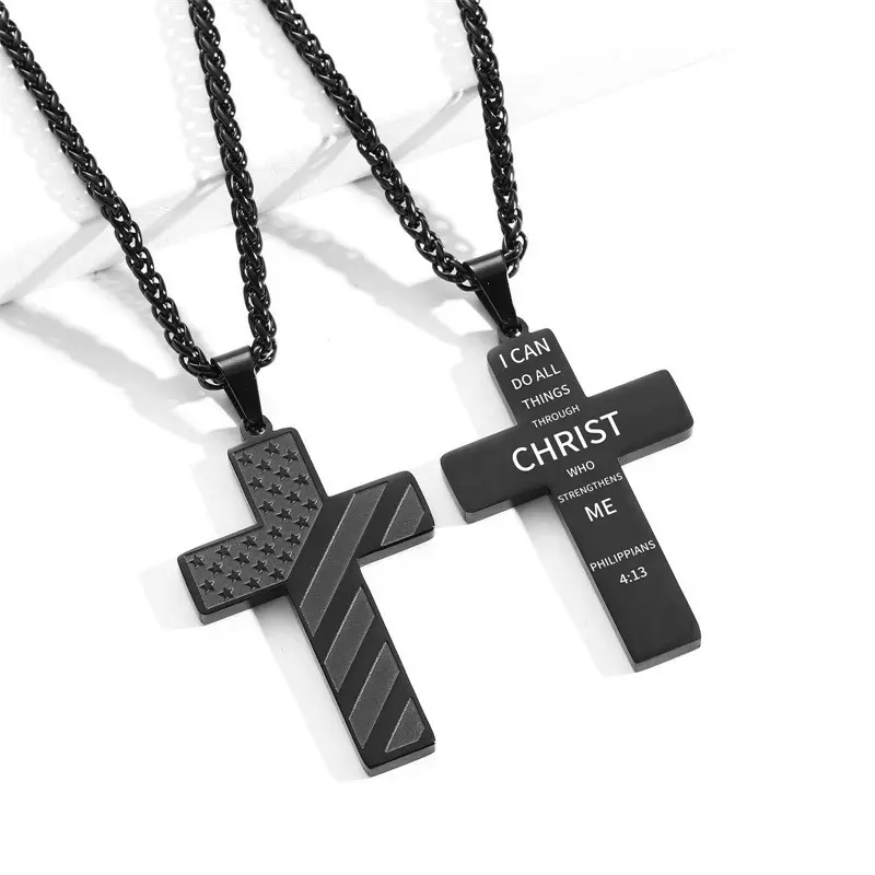 Men's 2pcs Faith Statement Cross Necklaces - Stainless Steel US Pride Bible Verse Pendant Chain, Christian Jewelry Gift, Faith Necklace