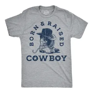 Mens Funny T Shirts Born And Raised Cowboy Sarcastic Western Graphic Novelty Tee For Men Mens Funny T Shirts Cool Vintage Fashion T-Shirt Gift Classic Menswear Funny Sarcastic Short Sleeve Novelty Tees for Guys Light Grey