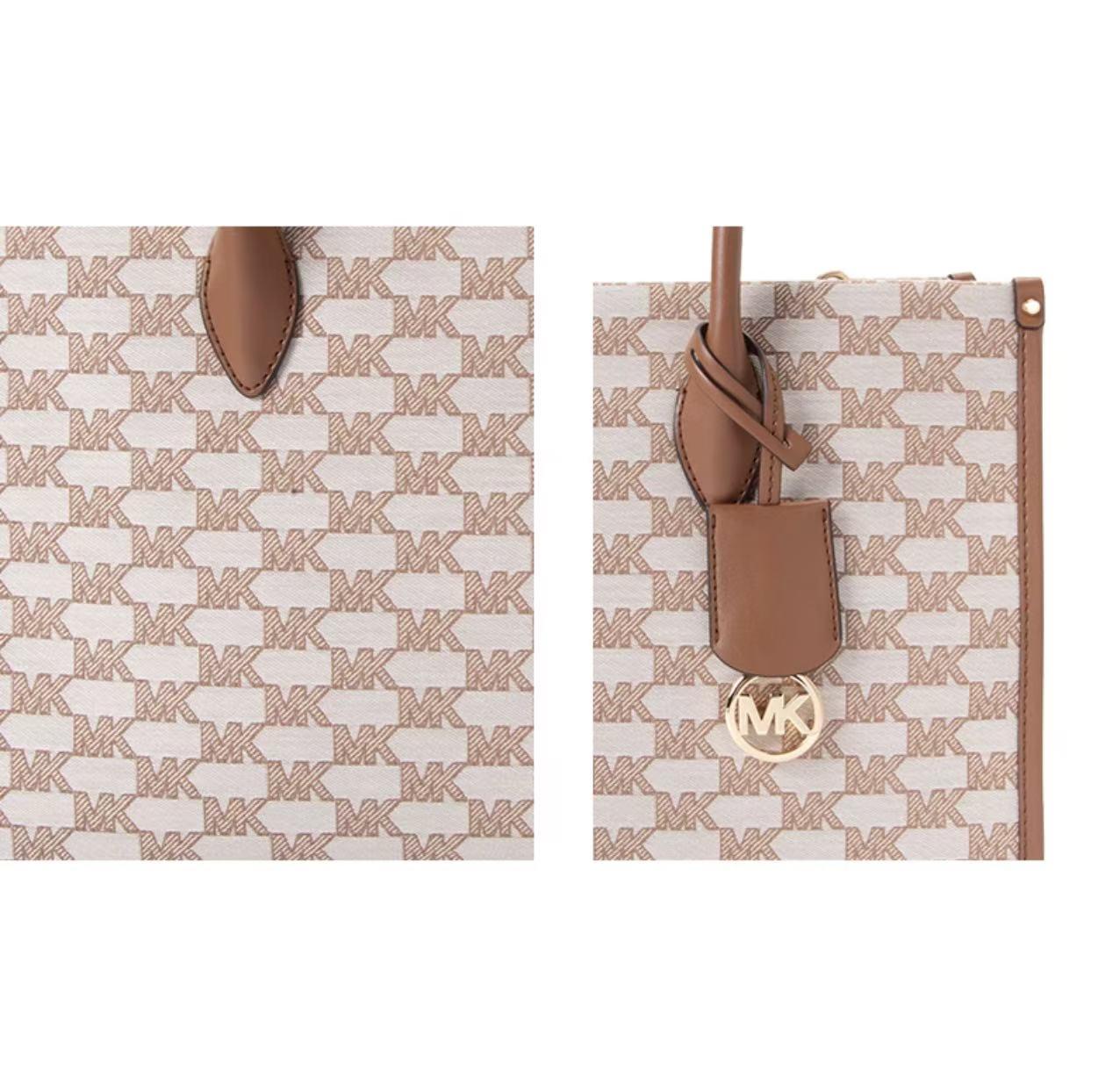 Michael Kors Mirella Medium Tote Bag – Signature MK Logo Print, Faux Leather Shoulder Satchel, Vanilla/Ebony