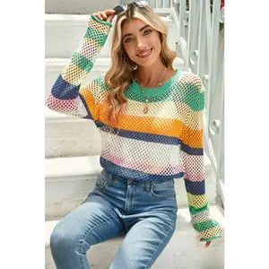 Green Colorblock Striped Hollow Knitted Top