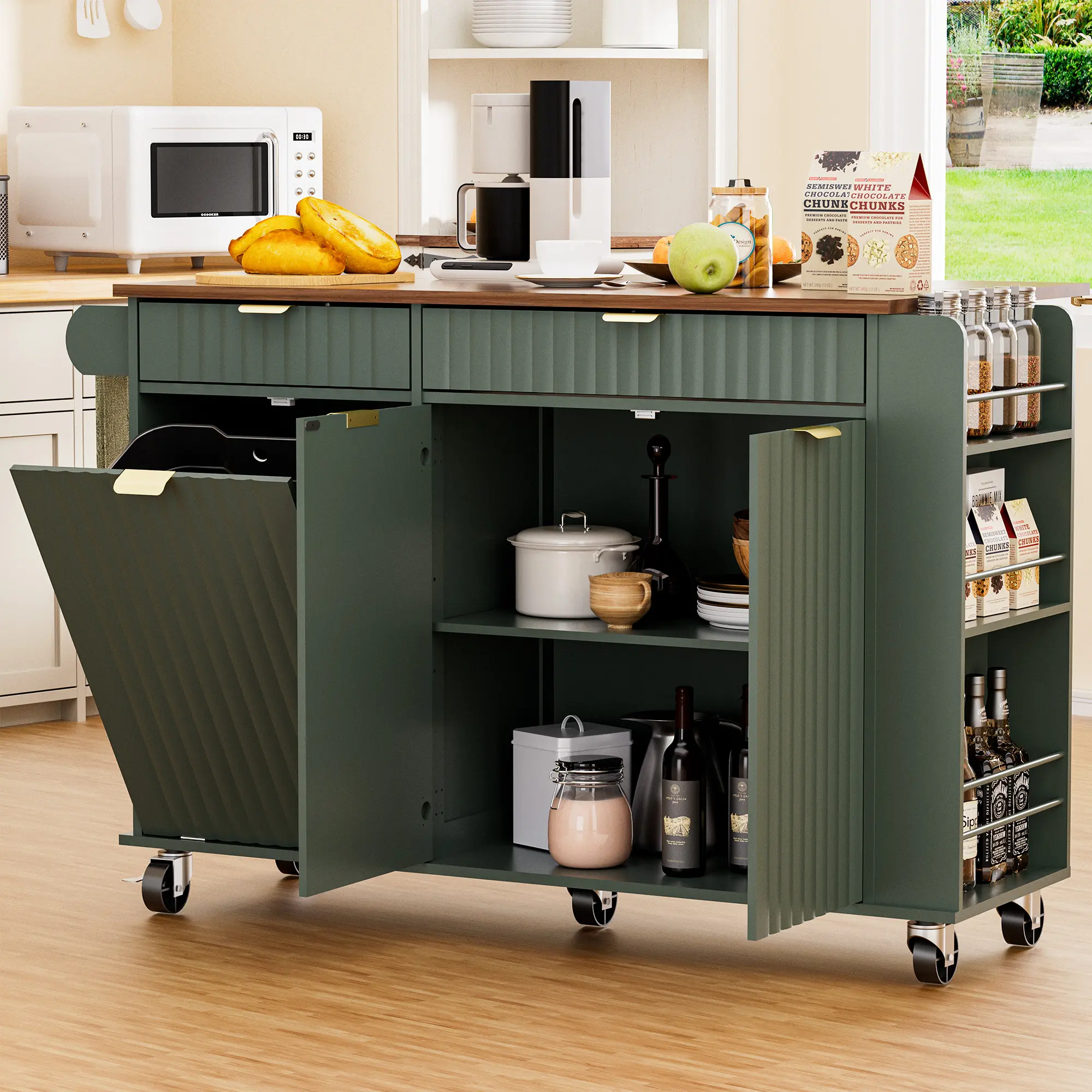 Homgava Space Saving Kitchen Island Cart 47" with Drop-Leaf Counter and Hidden Trash, Rolling Kitchen Table with Wavy Door, Spice Rack, Drawers and Locking Wheels for Kitchen campingessentials