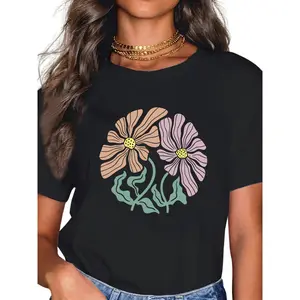 Women's 100% Cotton T-Shirt |   Casual Crew Neck Short Sleeve + Ribbed Details |   Abstract Floral Print Design |   All-Season Comfortable Fit |   Machine Washable/Dry Clean Safe |   Multi-Purpose Daily Casual Wear