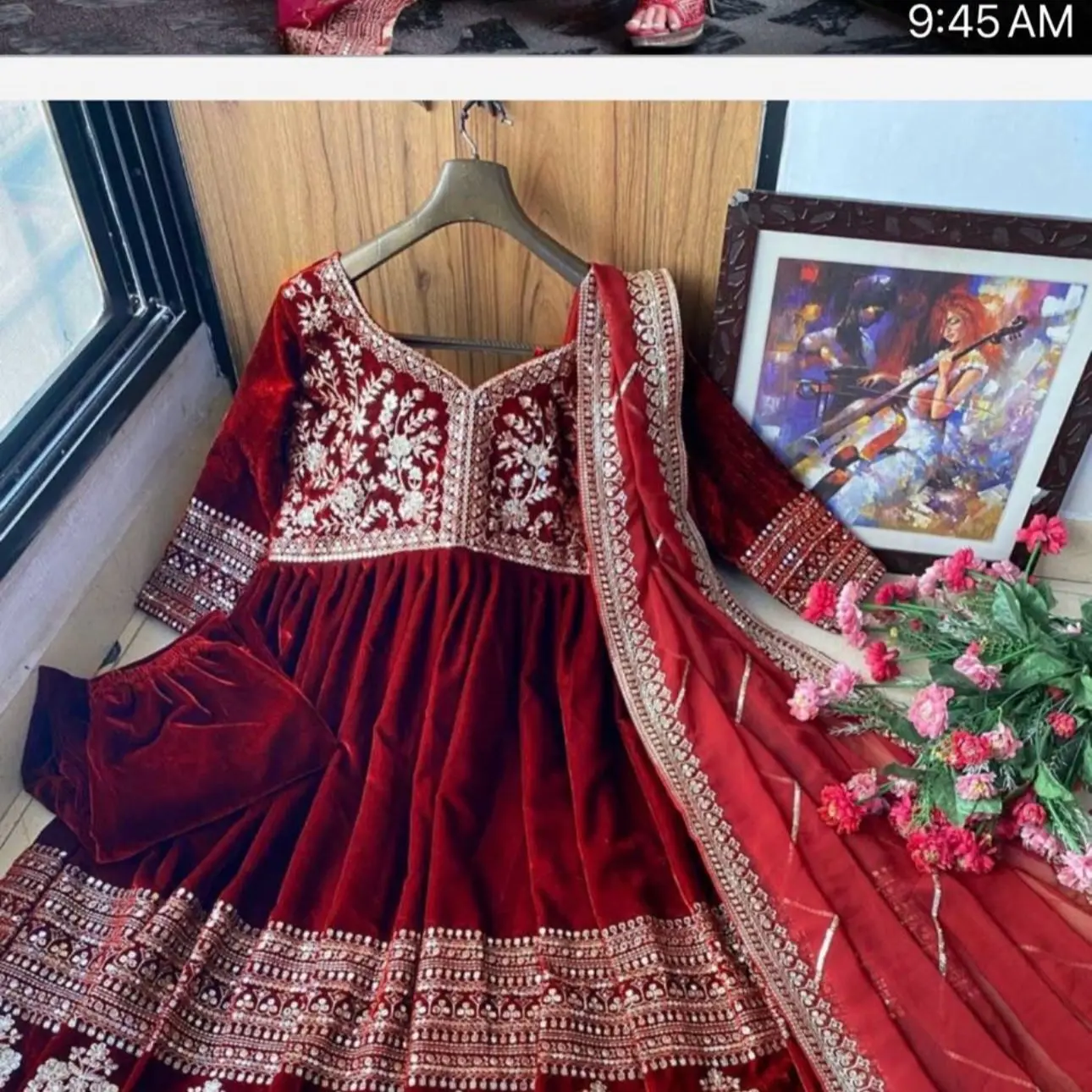 Maroon Velvet long Anarkali Kurtha Set with Shawl for Women