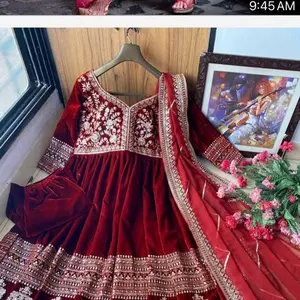 Maroon Velvet long Anarkali Kurtha Set with Shawl for Women