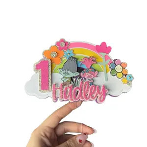 Trolls Cake Topper Personalized with Name and Number Rainbow Flowers and Cloud Design for Birthday Celebrations