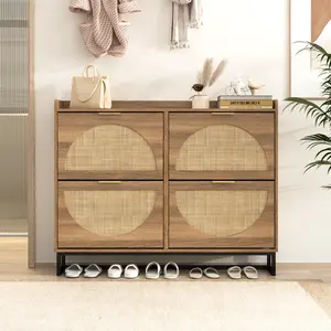 Vabches Large Rattan Shoe Storage Cabinet with 4 Flip Drawers Freestanding Organizer for Entryway Hidden Silver Handles Narrow Rack Cabinet Geometric Aesthetic Hand-Woven Rattan Craftsmanship