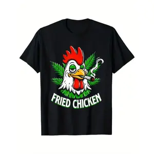 Men's Fried Chicken Graphic Cotton T-Shirt - Casual Short Sleeve Crew Neck Tee, Black with Colorful Rooster Design, Unisex Adult Apparel for Outdoor Fun, Unisex Tshirt | Vibrant Casualwear | Medium Stretch Fabric