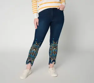 Felt Denim by Laurie Felt Pet Embroidered Daisy Denim Slim Leg Jeans