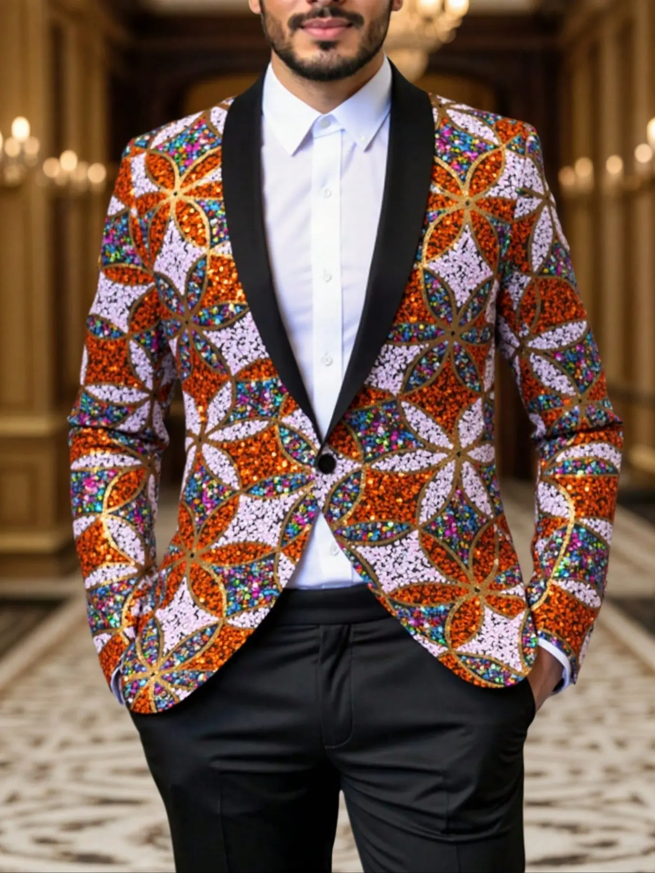 Men's Fashion Sequin Suit Jacket Blue Party Wear, Fitted Ombre Style Christmas Gift, All Seasons Clothing