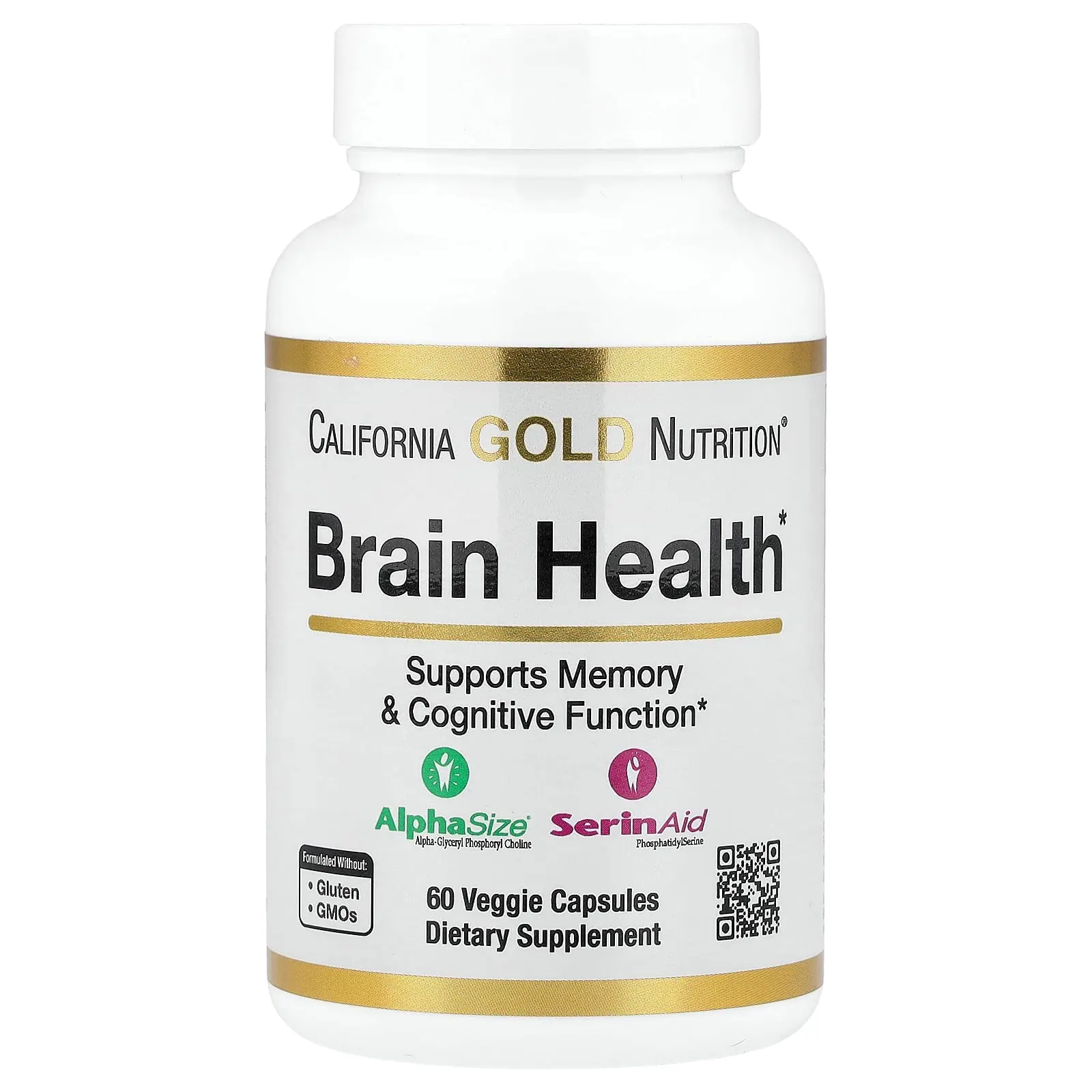 California Gold Nutrition Brain Health with Alpha-Glycerophosphorylcholine, Calcium, Phosphorus and Phosphatidylserine, 60 Veggie Capsules
