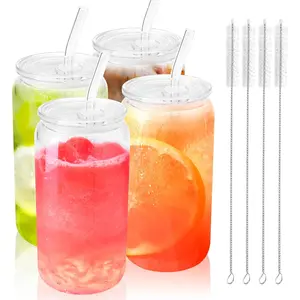 4 count Glass Cups with   and Straws 16 oz Can Shaped Glass Iced Coffee Cups with  and Straws, Cute Tumbler Cup Drinking Glasses for Smoothie  Boba Soda
