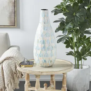 White Mother of Pearl Shell Handmade Mosaic Inspired Decorative Vase with Pastel Blue and Pink Accents