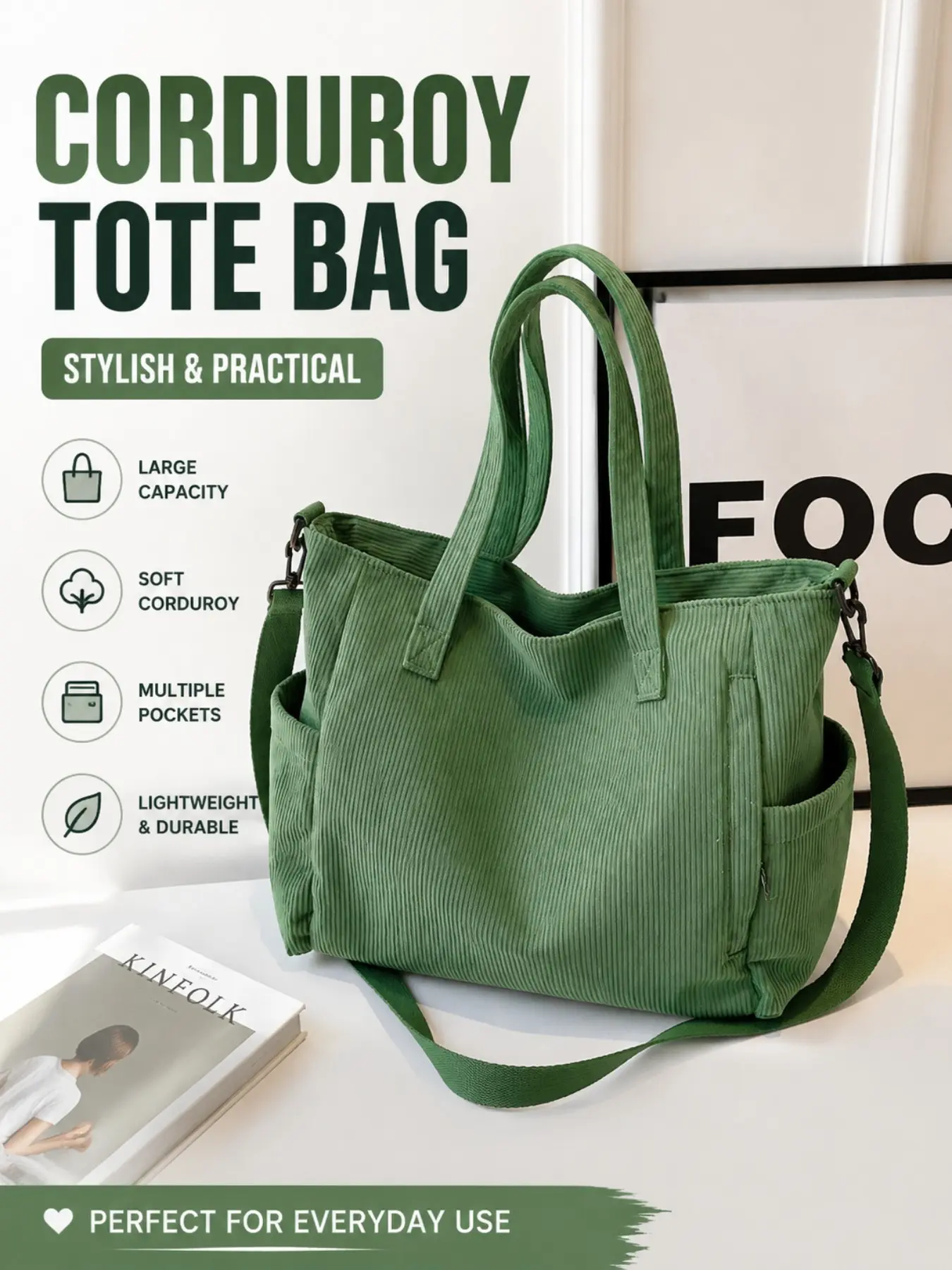 Corduroy Tote Bag, Large Capacity Soft Casual Shoulder Bag, Lightweight Multi-pocket Crossbody Bag For Daily Commute Work School