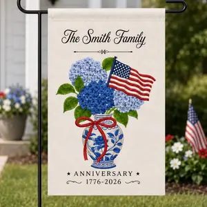 Personalized 250th Anniversary Garden Flag, Chinoiserie Blue Hydrangea Patriotic Flag, 1776-2026 Anniversary Gift