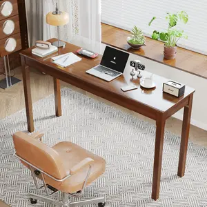 CocoHouse Solid Wood Desk with Drawers - Vintage Narrow Desks, Mid Century Modern Desks, Rubber Wood Study Table, Home Office Writing Desk for Bedroom|Small Spaces - Walnut Color
