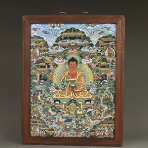 Jingdezhen Wall Art Painting Tangka Buddha Wooden Frame Ceramic Board Old Collectible Religious Home Decor, Vintage Folklore Display
