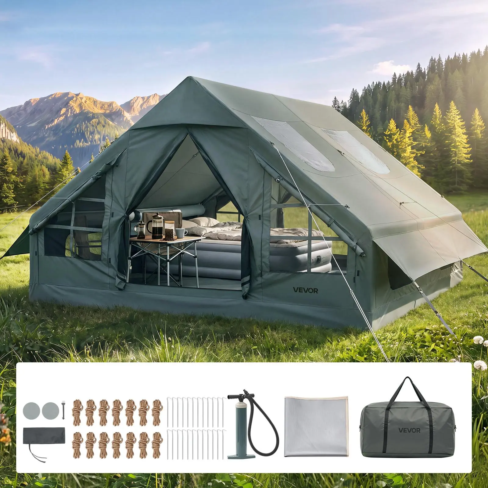 【BackToSchool】VEVOR Inflatable Tent for Camping 5-8 Person Blow Up Tent with Hand Pump, for Family Outdoor Glamping, Waterproof 420D Oxford, Easy Setup Air House with Skylight, Stove Jack, Mesh Windows & Carry Bag
