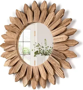 \Wall Mirror Decorative 12 inch Rustic Wood Mirror Sunburst Boho Mirror for Entryway Bedroom Living Room Bathroom House Warming Gifts New Home Essential Carbonized Black