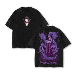 Menswear Round Neck Short-Sleeve T-Shirt, Vintage Washed Bleach Sōsuke Aizen Double-Sided Oversized Retro Distressed Anime Graphic Figure Tee, 100% Cotton Casual Harajuku Streetwear Y2K Aesthetic Japanese Manga Print Top, Summer Outfit Gift