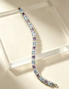 M3-9208 Alternating Blue & Purple Cushion CZ Halo Tennis Bracelet Full Micro Pave Iced Out Silver Bling Y2K Street Hip Hop Wrist Bracelet Gift For Girls Rappers