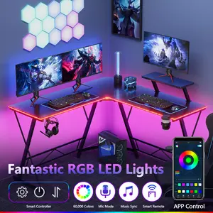 【Deals for You Days】Mr IRONSTONE gaming desk with led lights, L Shaped Gaming Desk Corner Computer Desk with Carbon Fiber Surface, gamer desk with cup holder and headphone hook, space-saving tables & desks, work from home desk