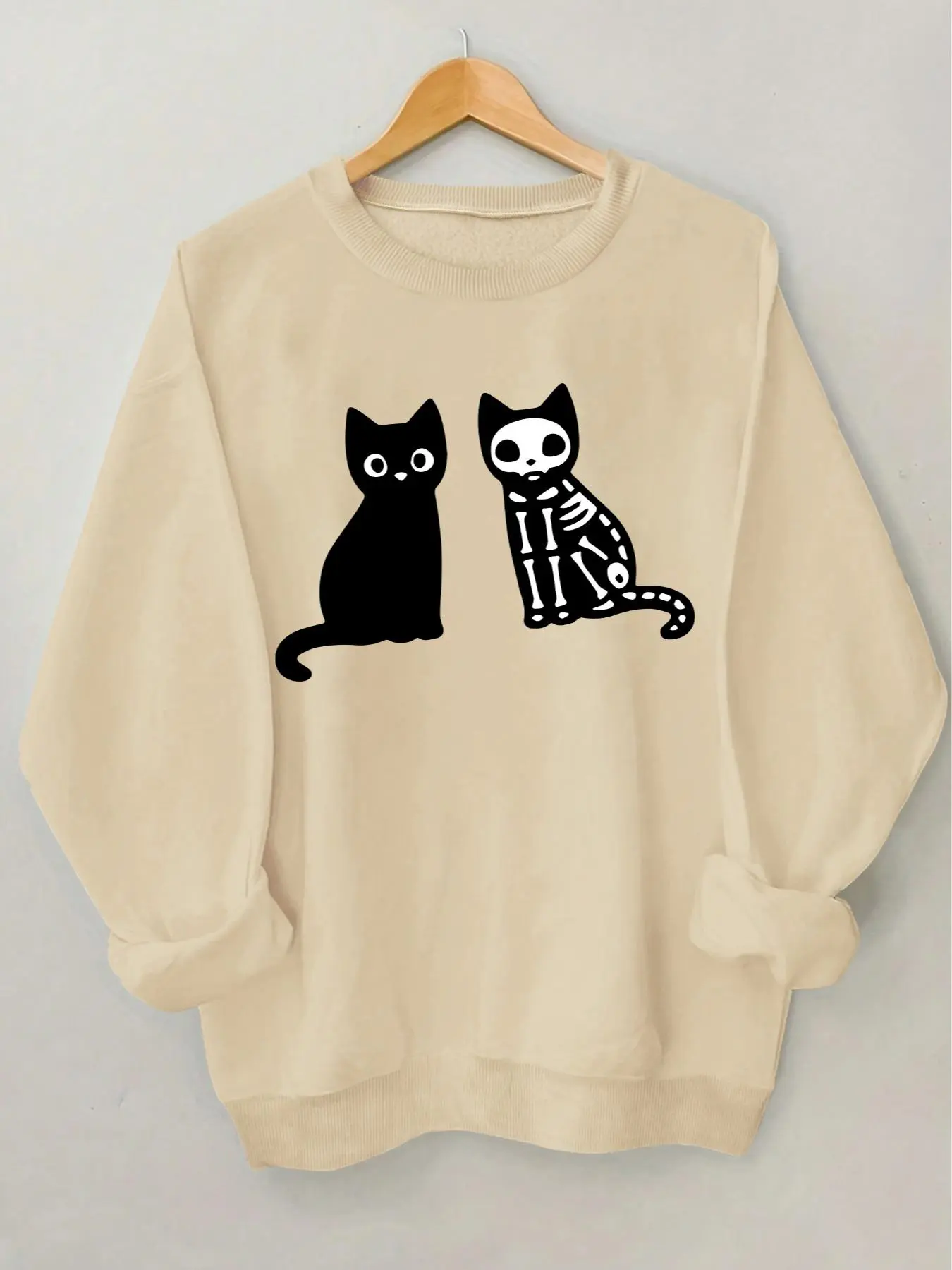 Women's Cartoon Skeleton Cat Print Drop Shoulder Sweatshirt, Casual Long Sleeve Round Neck Pullover for Fall & Winter, Ladies Clothes for Daily Wear
