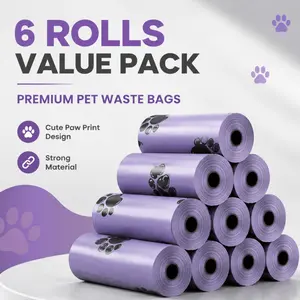 Six rolls of purple dog poop bags with a purple paw print design. These leak-proof, thickened pet poop bags are durable, easy to tear, and suitable for dog walking and daily pet poop disposal.