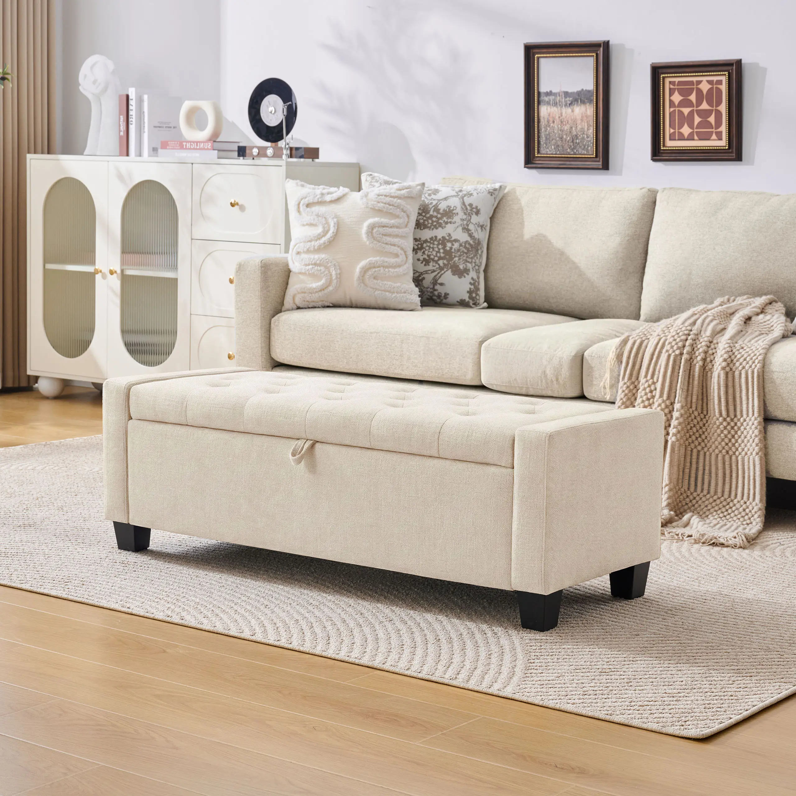 43" Ottoman with Storage, White Storage Ottoman Bench with Safety Hinge, Upholstered Entryway Bench with Seating for Bedroom, Living Room, Holds up to 330 lb