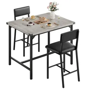 3-Piece Counter Height Dining Table Set – Industrial Table with 2 Padded Chairs, Backrest & Footrest – Metal Frame, Corner Protectors – for Small Spaces, Apartment, Breakfast