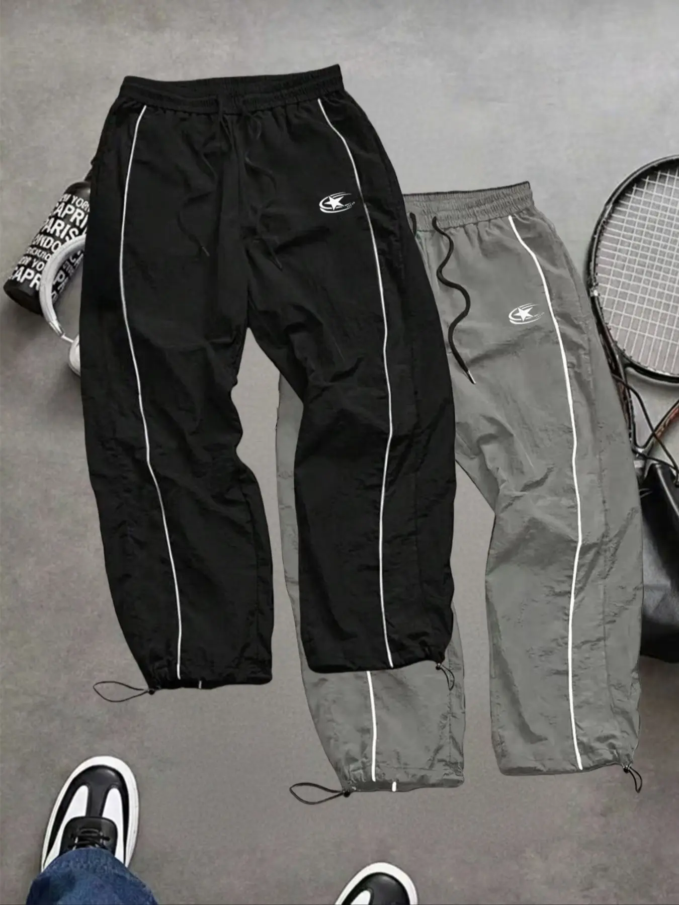 Men's Casual Sports Pants Sportswear, Athleisure Style Bottoms, Breathable Activewear Bottoms, Unique Print, Taslon Fabric, Lightweight Breathable, Side Stripes, Drawstring Waist, Adjustable Elastic Cuffs, Breathable Workout Pants