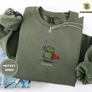 Huzzah Frog Sweatshirt, Embroidered Gildan 18000, Funny DnD Pullover, Renaissance Faire Frog Crewneck, Medieval Fantasy Gamer Gift