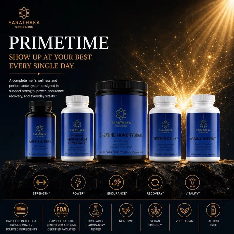 PRIMETIME | Men's Performance & Vitality System | Earth & Fire, Creatine, Beetroot, Vitamin D3 + K2 & Magnesium Glycinate