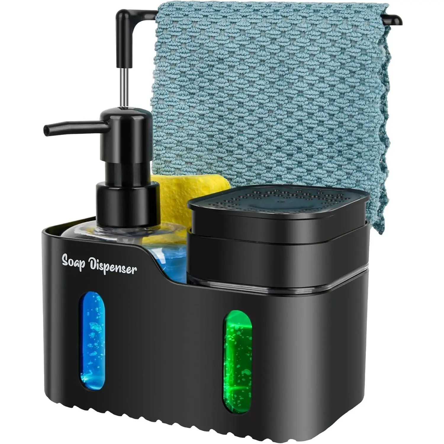 Hand Soap and Dish Soap Dispenser Set for Kitchen, Dual Soap Dispenser with Sponge Holder and Dishcloth Holder 4-in-1 Organizer for Kitchen Sink Countertop, Useful Kitchen Gadgets (Black)